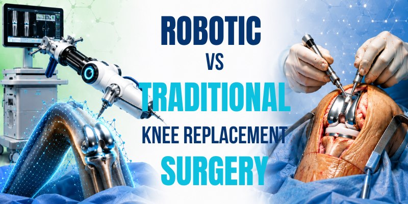 Image showing a damaged knee joint and an artificial knee implant used in total knee replacement surgery to help improve movement and reduce knee pain.