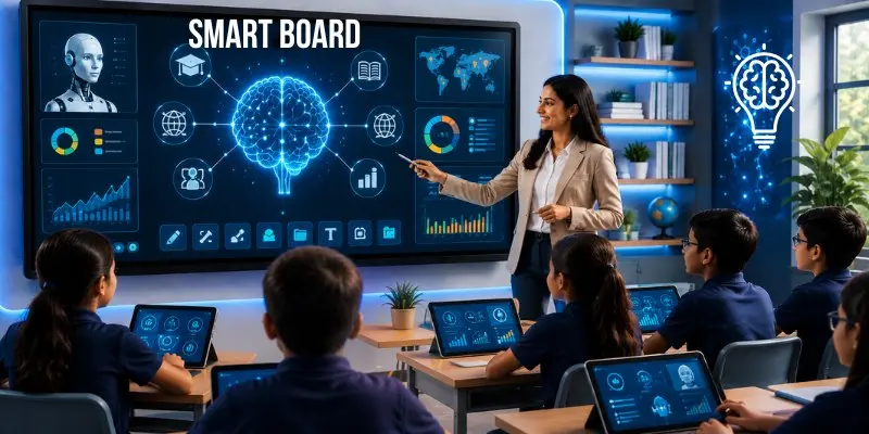An image showing students learning on a smart board.