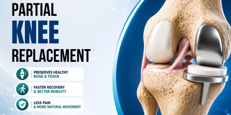 Image showing a partial knee replacement implant replacing only the damaged part of the knee joint while preserving healthy bone and tissue.