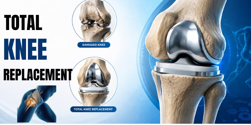 Image showing a damaged knee joint replaced with an artificial knee implant during total knee replacement surgery.