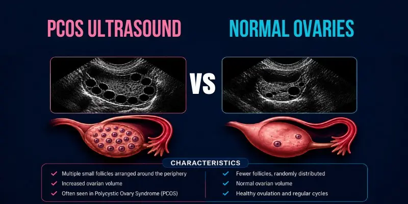 An image showing the PCOS ovaries vs normal ovaries.