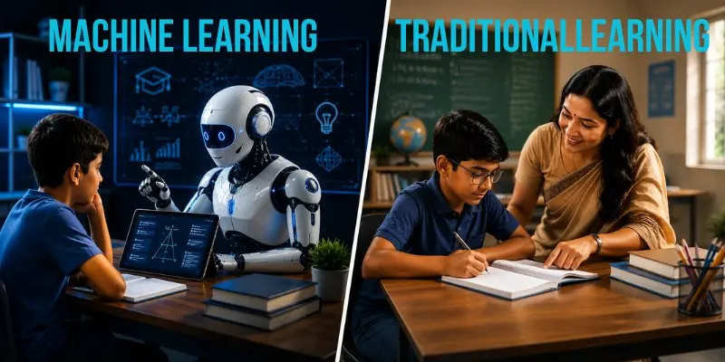 An image showing the machine learning vs traditional learning.
